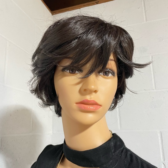 NWT 9” BROWNBLACK almost black darkest brown short side part natural unisex wig - Picture 8 of 16
